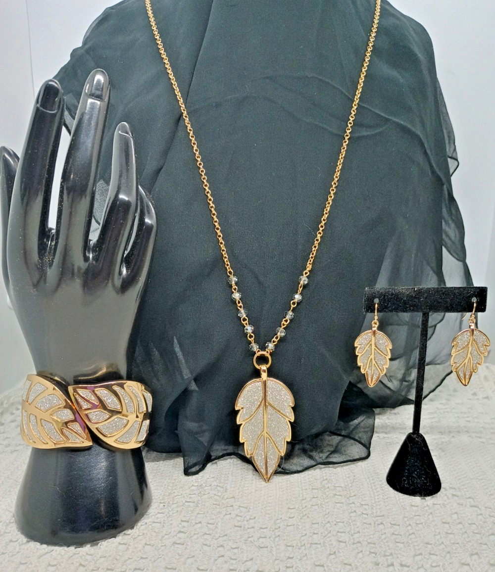 Off Park Collection Parure Three Piece Set Gold Tone Leaf Necklace Earings Cuff